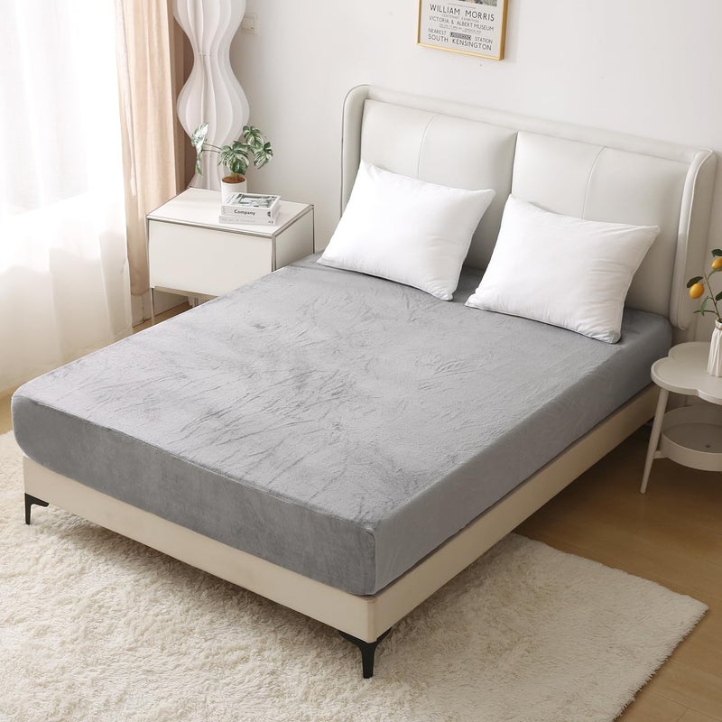 Nokolulu Velvet Twin Fitted Sheet Only - Ultra Soft Fuzzy Fleece Fitted Bottom Sheet - Plush Fluffy Cozy Flannel Sheet Twin Size - 18" Extra Deep Pocket (Light Grey, 39"x75") - Image 3